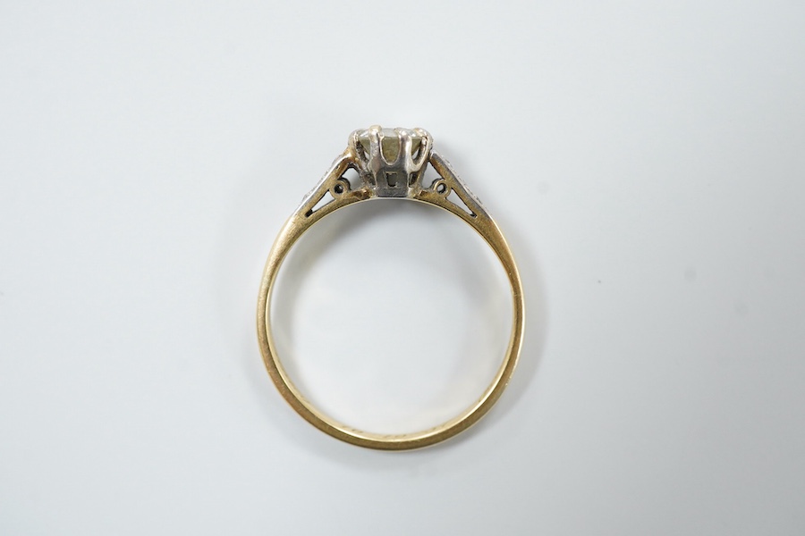 A diamond ring, mid 20th century, claw-set with a circular-cut diamond weighing approximately 0.50 carats, to shoulders set with single-cut diamonds, mounted in gold, size O, inscribed 'Molly 16-10-37 John', gross weight